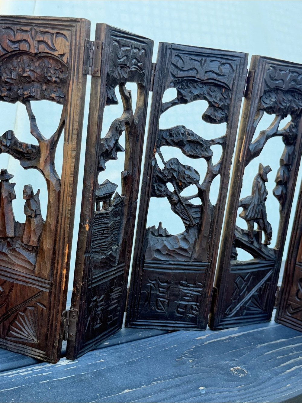 Intricate Dark Brown Hand-Carved Wooden Folding Screen Sculpture
